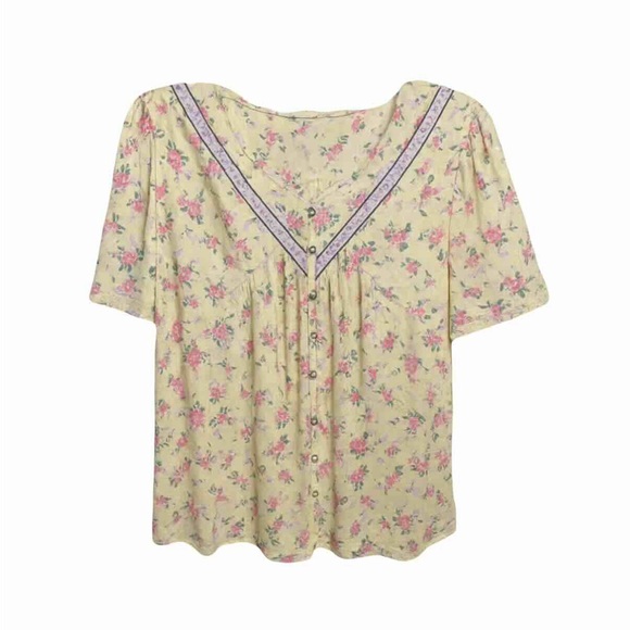 Lucky Brand Floral Top Yellow Short Sleeve V-Neck Size M NWOT - Picture 1 of 11